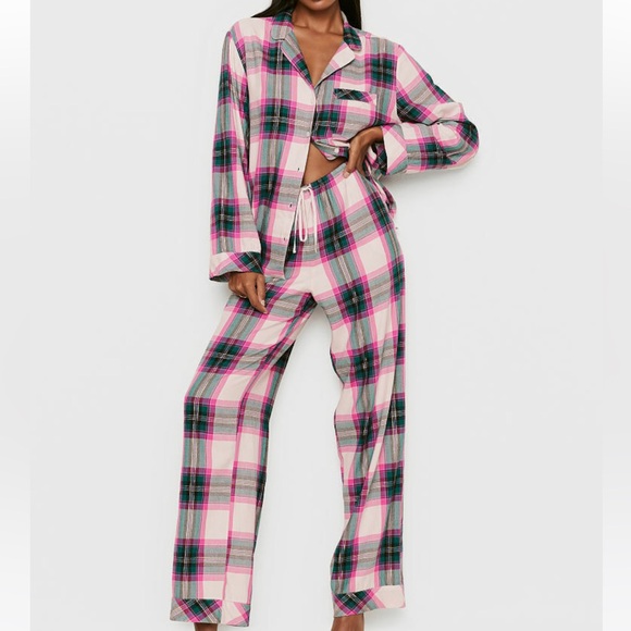 NWT Victoria's Secret XL 2 Pc Flannel Long Pajama Set Cotton Modal Plaid Shimmer - Picture 1 of 3